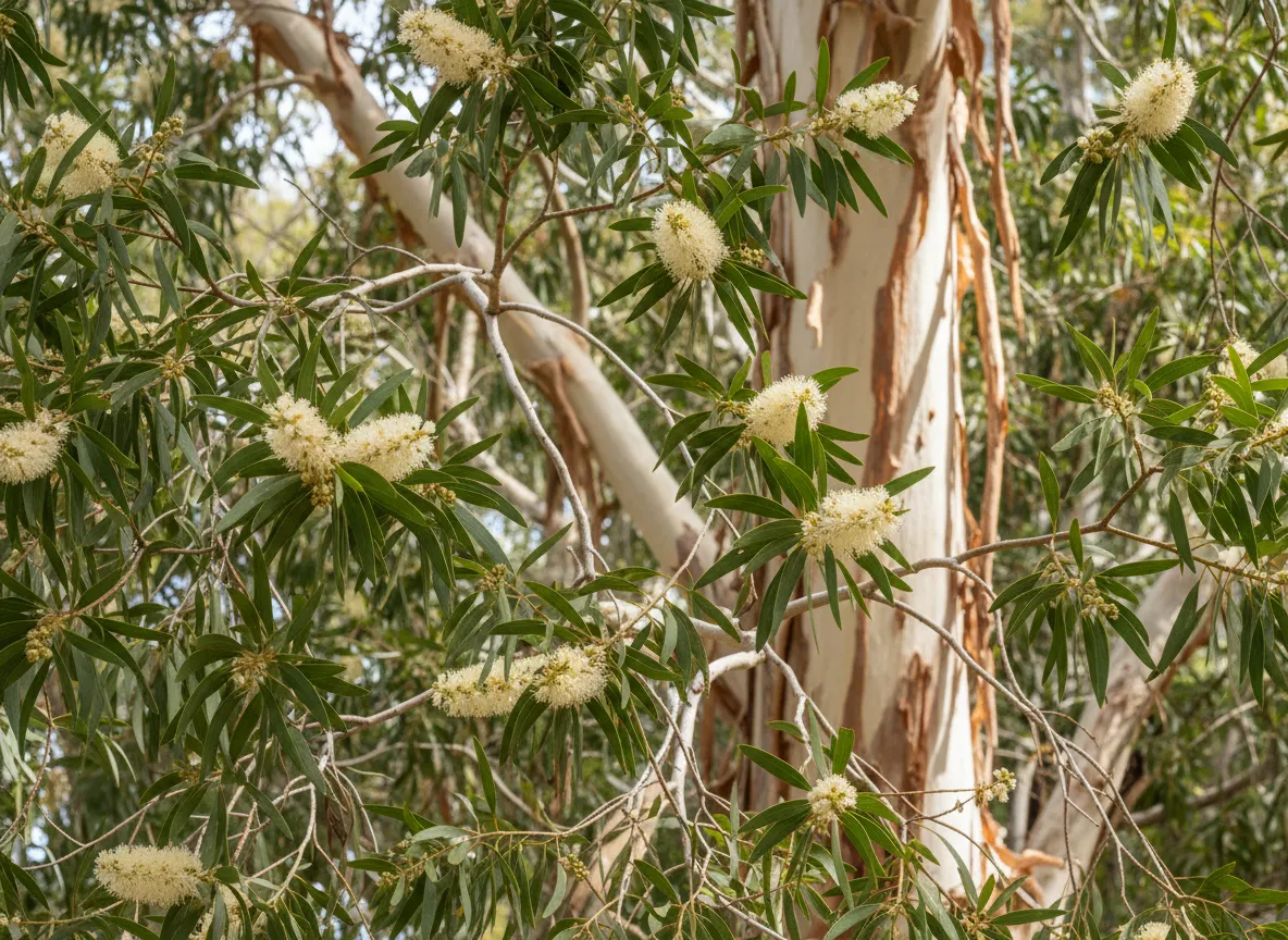 Paperbark cajeput tree foliage with pale flaking bark in wetland country
